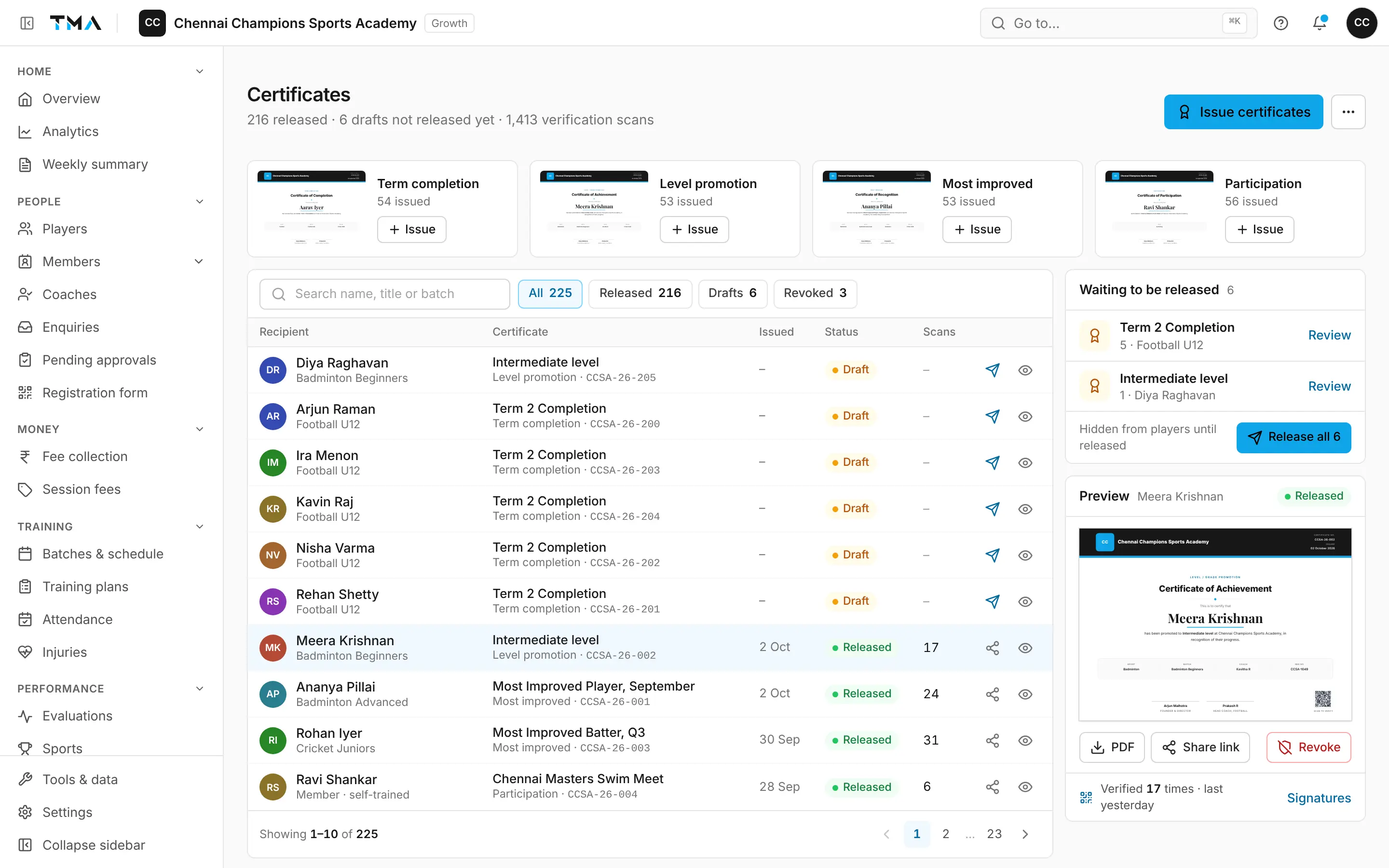 The certificates page: term completion, level promotion, most improved and participation templates, a list of draft and released certificates with scan counts, and a certificate preview.