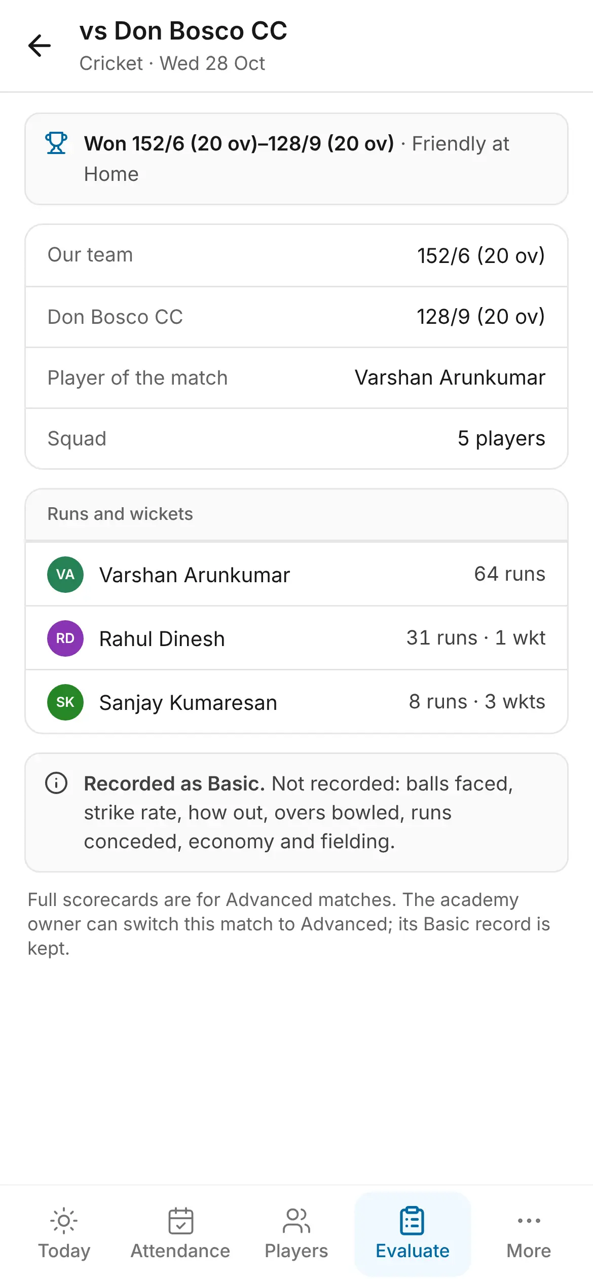 The coach app's record of a cricket match against Don Bosco CC: won, 152 for 6 against 128 for 9, the player of the match, and each player's runs and wickets.