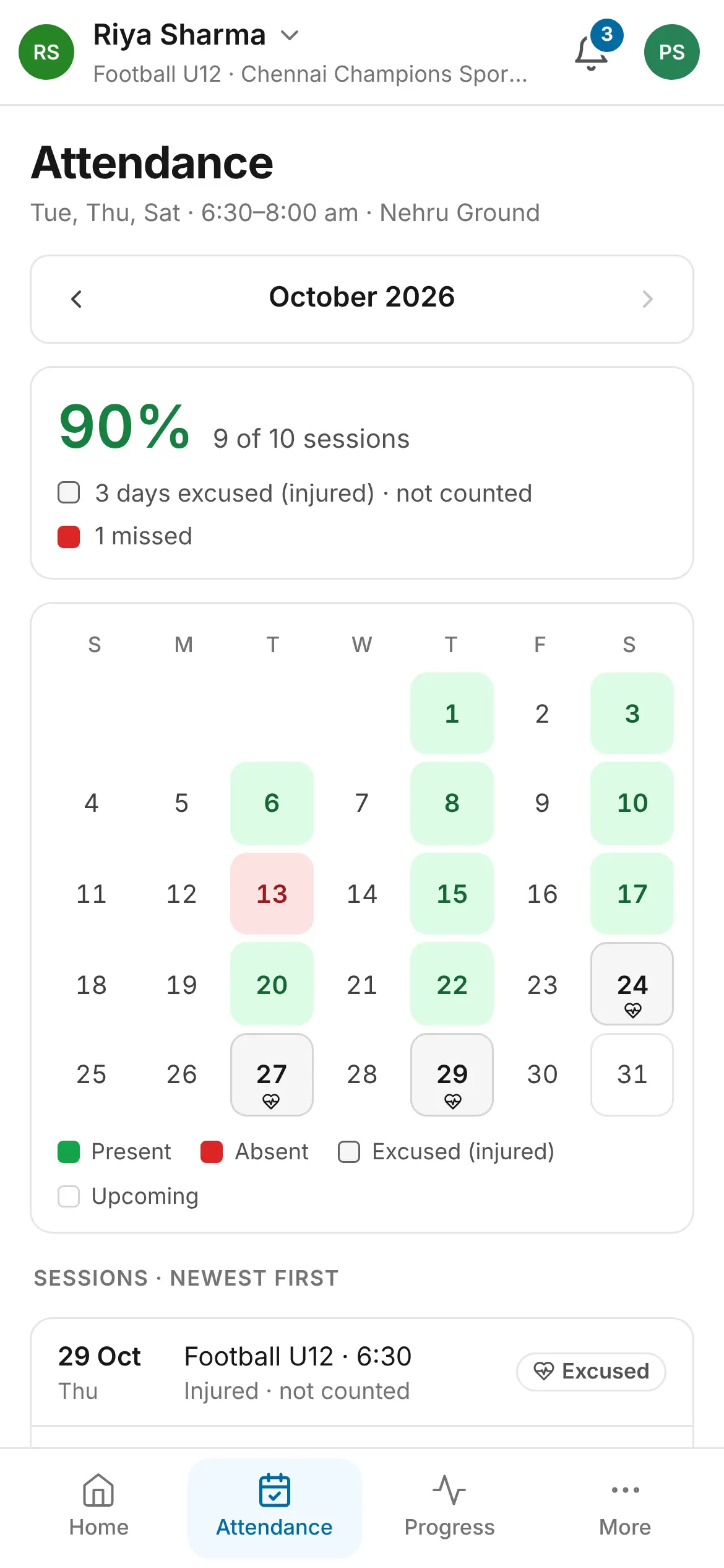 The parent app's attendance month: 90% this month, an October calendar with present, absent and excused days, and the sessions newest first.